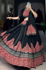 Black-and-Maroon-Pure-Cotton-Printed-Lehenga-Set-with-Mirror-Work,-Gota-Patti-&amp;-Cowrie-Lace-4