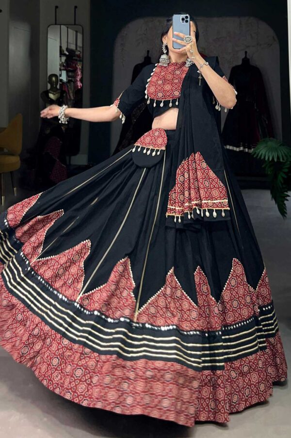 Black and Maroon Pure Cotton Printed Lehenga Set with Mirror Work, Gota Patti & Cowrie Lace – With Matching Purse