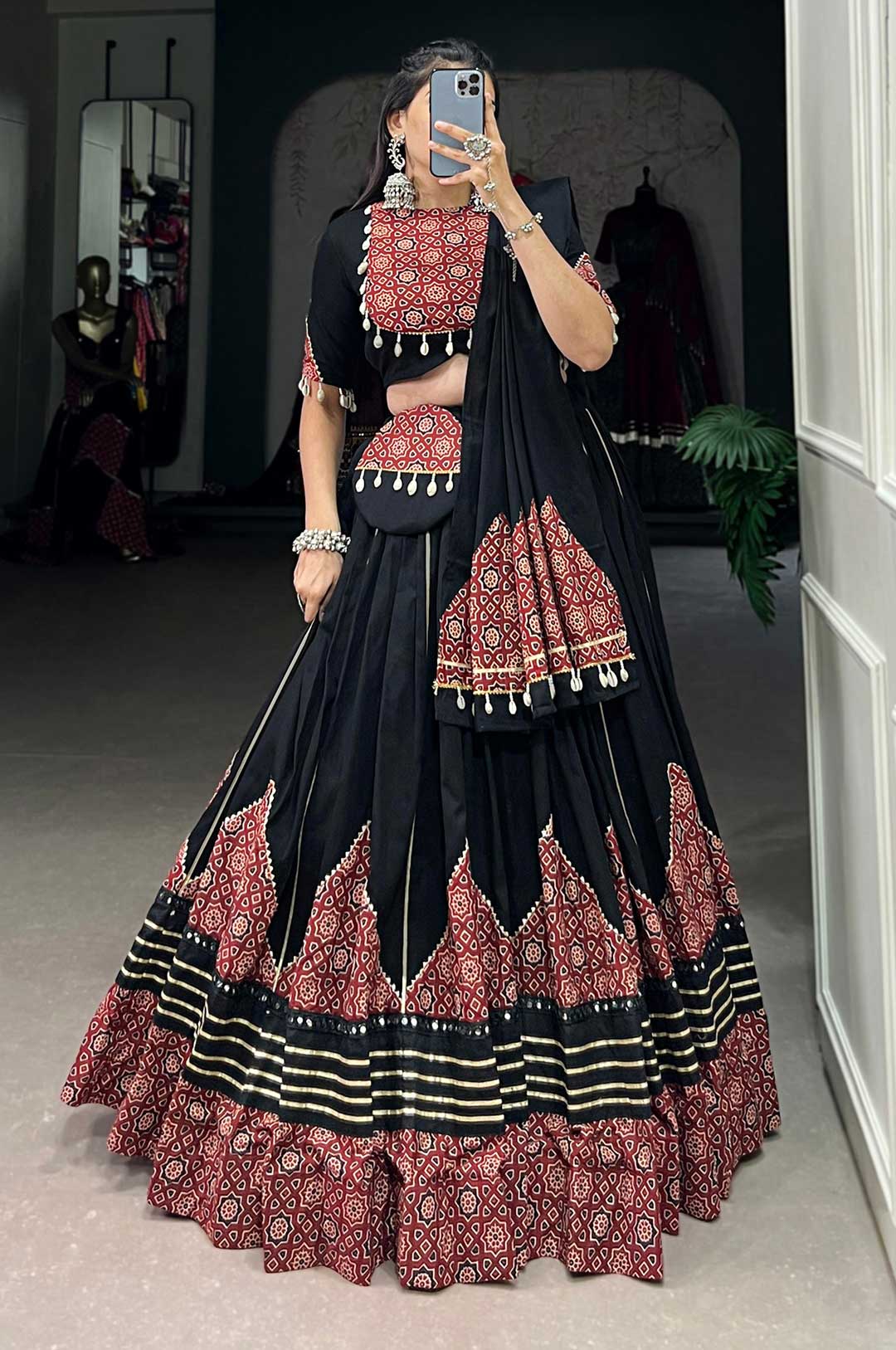 Black and Maroon Pure Cotton Printed Lehenga Set with Mirror Work, Gota Patti & Cowrie Lace – With Matching Purse