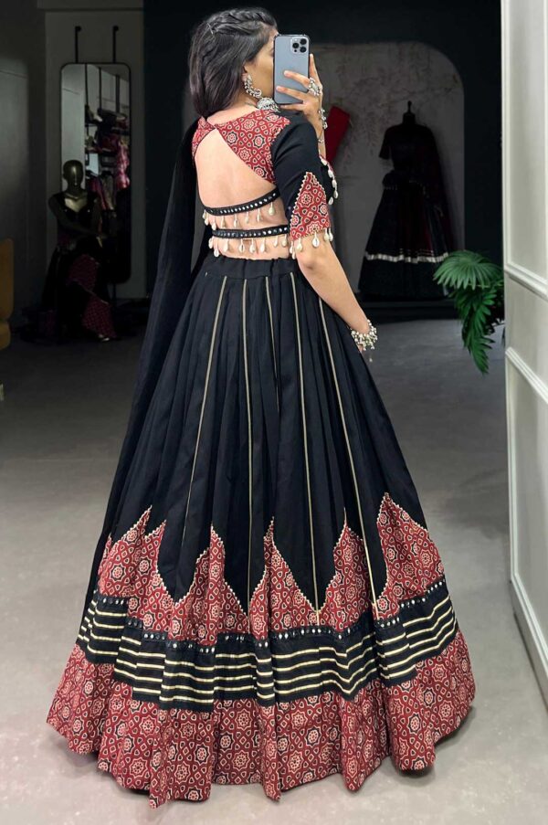 Black and Maroon Pure Cotton Printed Lehenga Set with Mirror Work, Gota Patti & Cowrie Lace – With Matching Purse