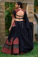 Black-and-Maroon-Pure-Cotton-Printed-&amp;-Mirror-Work-Lehenga-with-Gota-Patti-Detailing
