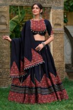 Black-and-Maroon-Pure-Cotton-Printed-&amp;-Mirror-Work-Lehenga-with-Gota-Patti-Detailing--2