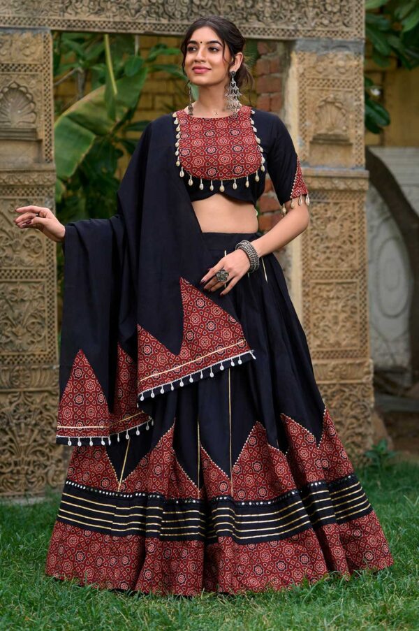Black and Maroon Pure Cotton Printed & Mirror Work Lehenga with Gota Patti Detailing