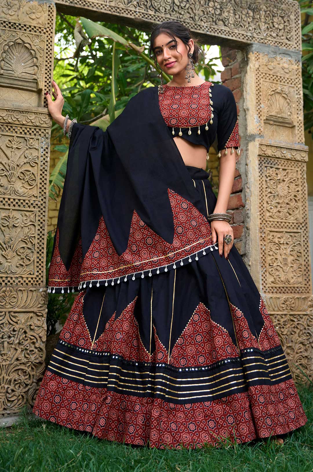 Black and Maroon Pure Cotton Printed & Mirror Work Lehenga with Gota Patti Detailing