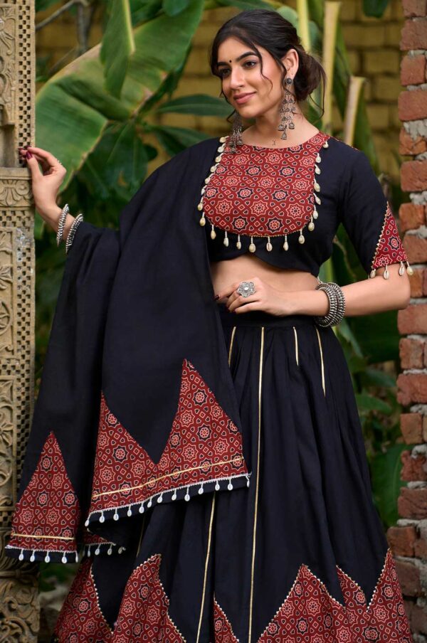 Black and Maroon Pure Cotton Printed & Mirror Work Lehenga with Gota Patti Detailing