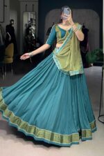 Blue-and-Sage-Green-Pure-Rayon-Zari-Weaving-Lehenga-with-Chiffon-Dupatta-&amp;-Elegant-Lace-Border-1