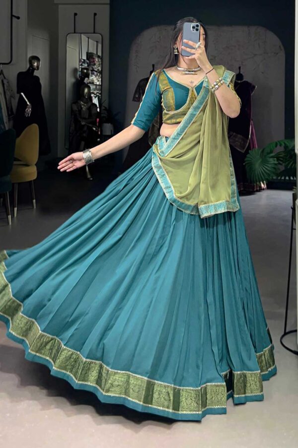 Blue and Sage Green Pure Rayon Zari Weaving Lehenga with Chiffon Dupatta & Elegant Lace Border