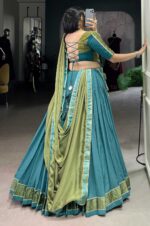 Blue-and-Sage-Green-Pure-Rayon-Zari-Weaving-Lehenga-with-Chiffon-Dupatta-&amp;-Elegant-Lace-Border-2