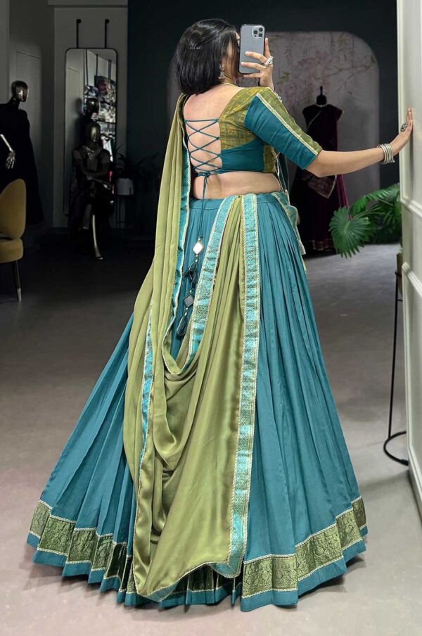 Blue and Sage Green Pure Rayon Zari Weaving Lehenga with Chiffon Dupatta & Elegant Lace Border