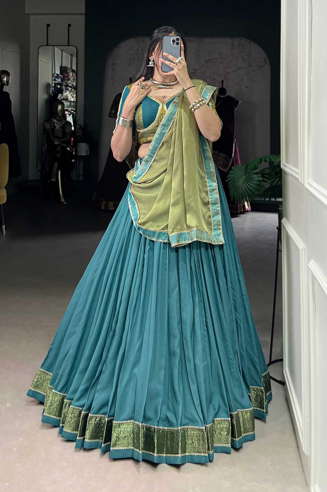 Blue and Sage Green Pure Rayon Zari Weaving Lehenga with Chiffon Dupatta & Elegant Lace Border