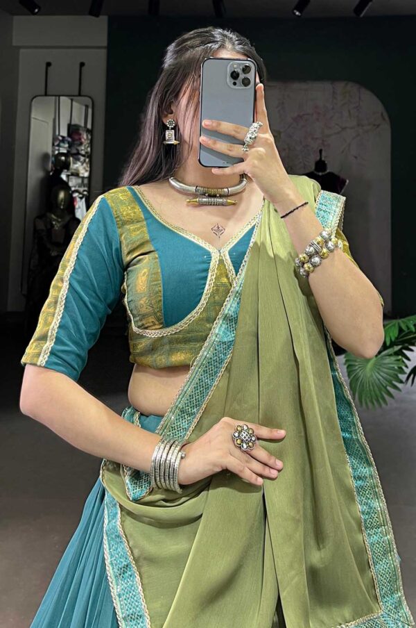 Blue and Sage Green Pure Rayon Zari Weaving Lehenga with Chiffon Dupatta & Elegant Lace Border