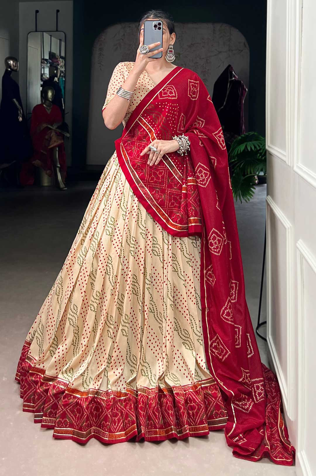 Cream & Red Tasar Silk Bandhej Print Lehenga Set | Gotta Patti Lace Touch-Up