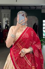Cream-&amp;-Red-Tasar-Silk-Bandhej-Print-Lehenga-Set