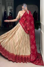Cream-&amp;-Red-Tasar-Silk-Bandhej-Print-Lehenga-Set-4