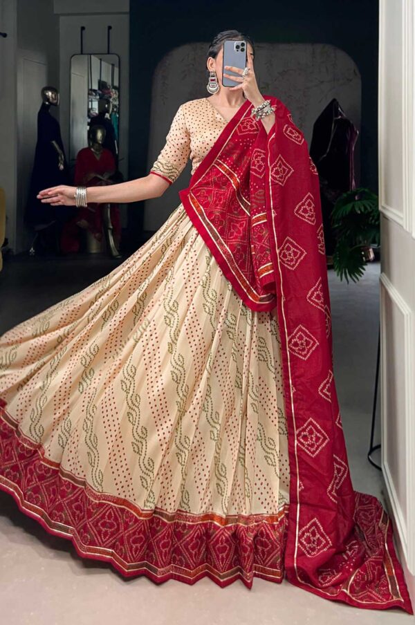 Cream & Red Tasar Silk Bandhej Print Lehenga Set | Gotta Patti Lace Touch-Up