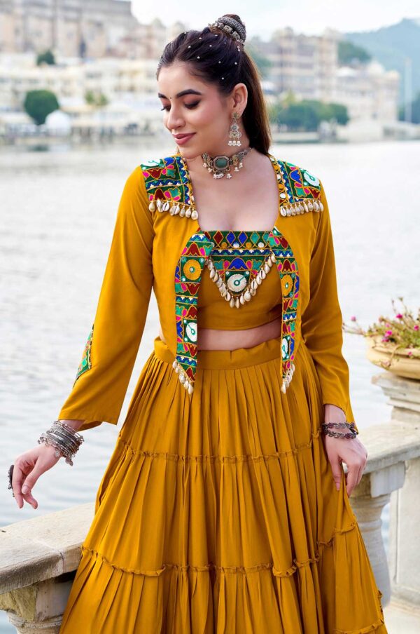 Designer Pure Rayon Lehenga with Mirror Gamthi Work Blouse & Koti