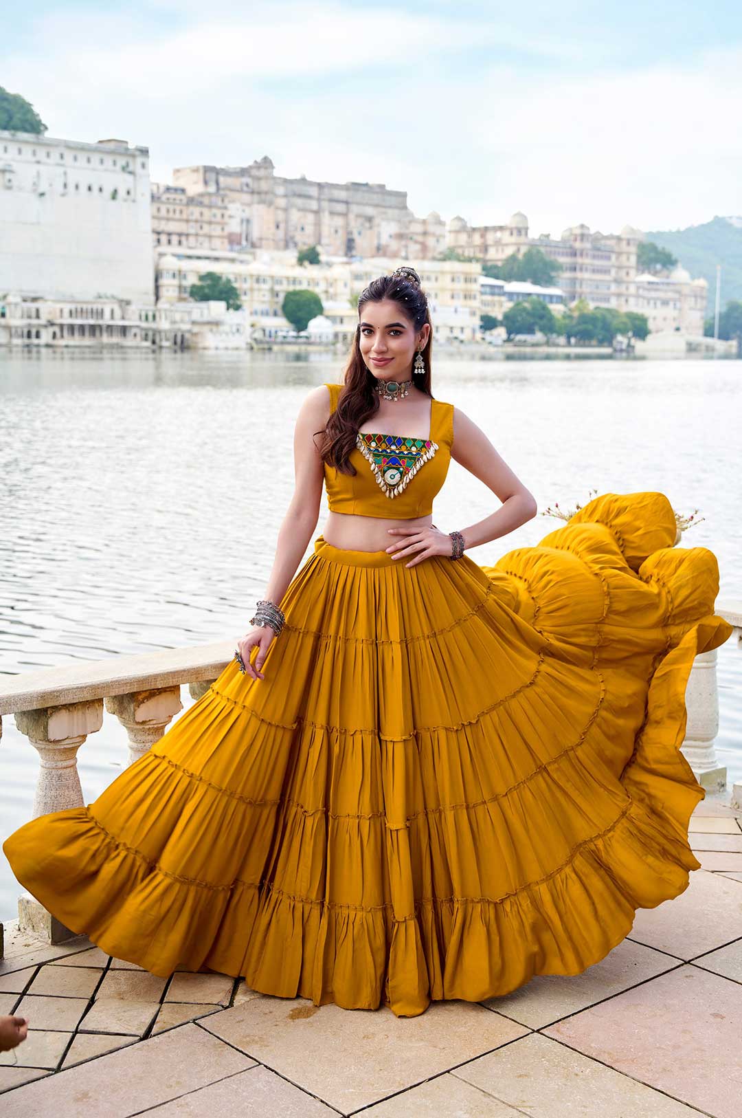 Designer Pure Rayon Lehenga with Mirror Gamthi Work Blouse & Koti