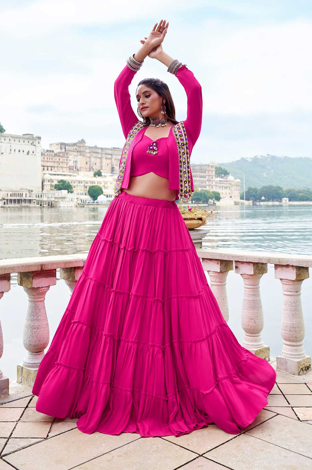 Designer Pure Rayon Pink Lehenga with Mirror Gamthi Work Blouse & Koti