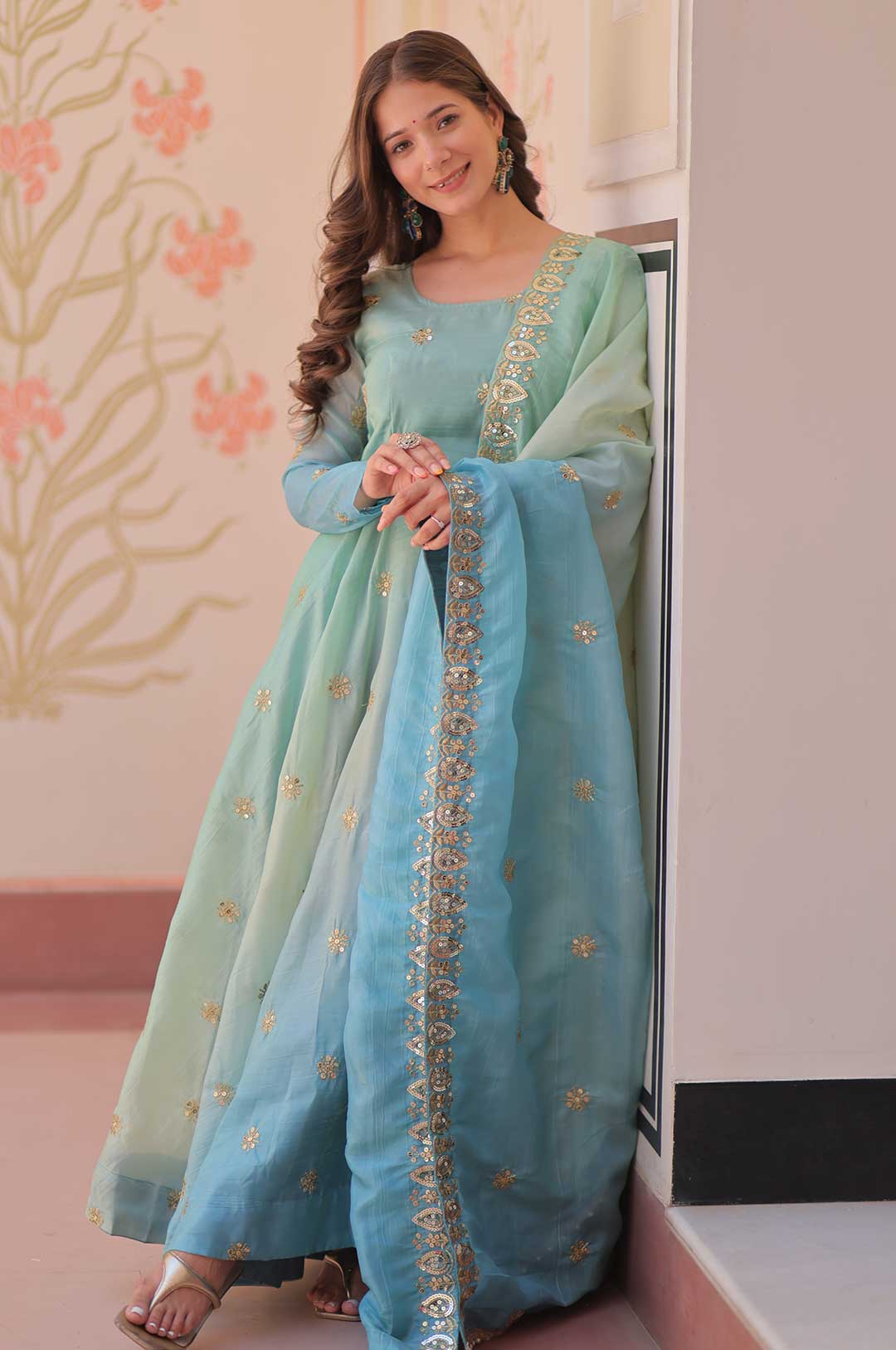 Dreamy Sky Blue Pedding Gold Organza Gown Set – 8 Meter Flair Beauty