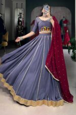 Dusty-Lavender-Rayon-Mirror-Work-Lehenga-With-Maroon-Georgette-Dupatta--3