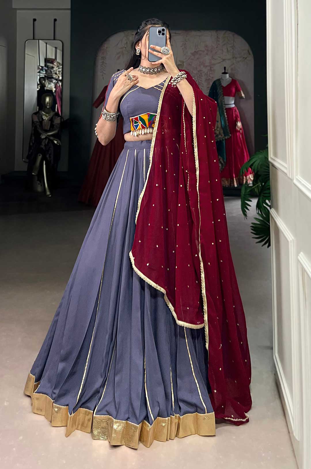 Dusty Lavender Rayon Mirror Work Lehenga With Maroon Georgette Dupatta