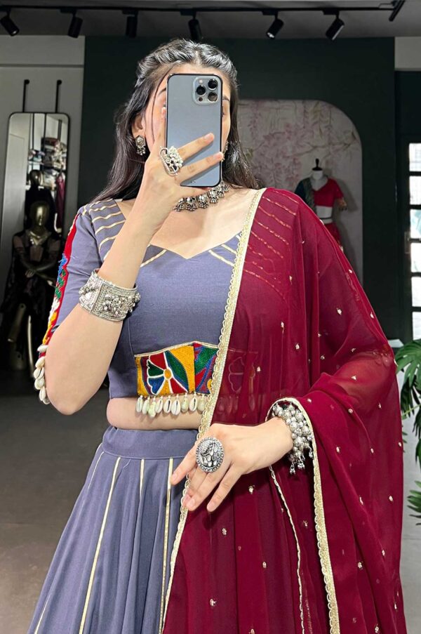 Dusty Lavender Rayon Mirror Work Lehenga With Maroon Georgette Dupatta