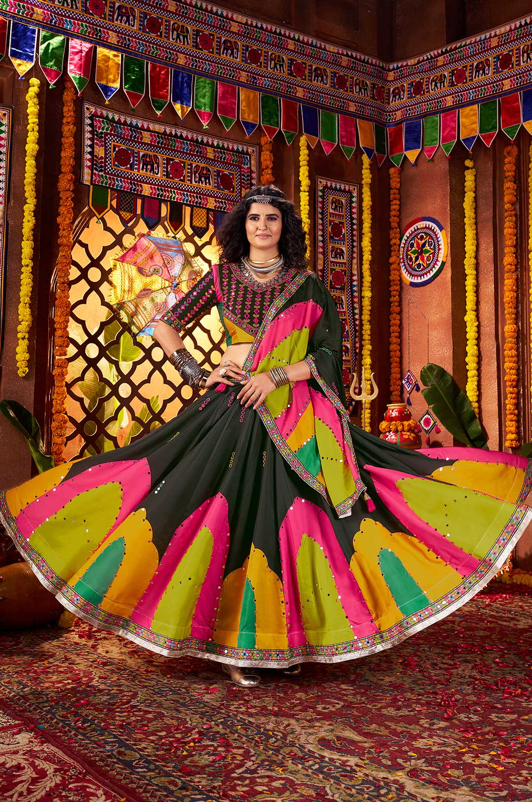 Elegant Black Gajji Silk Traditional Viscose Cotton Kutchi & Mirror Work Lehenga Choli