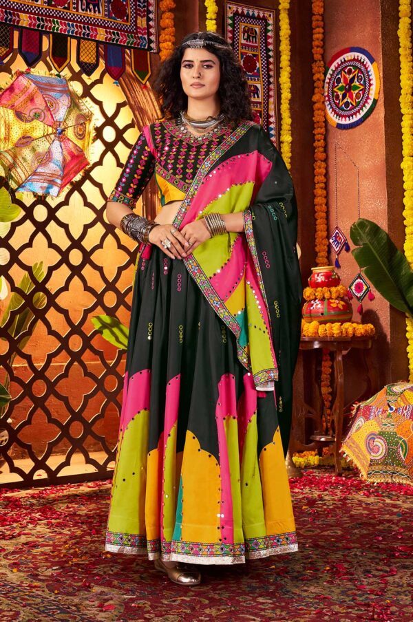 Elegant Black Gajji Silk Traditional Viscose Cotton Kutchi & Mirror Work Lehenga Choli