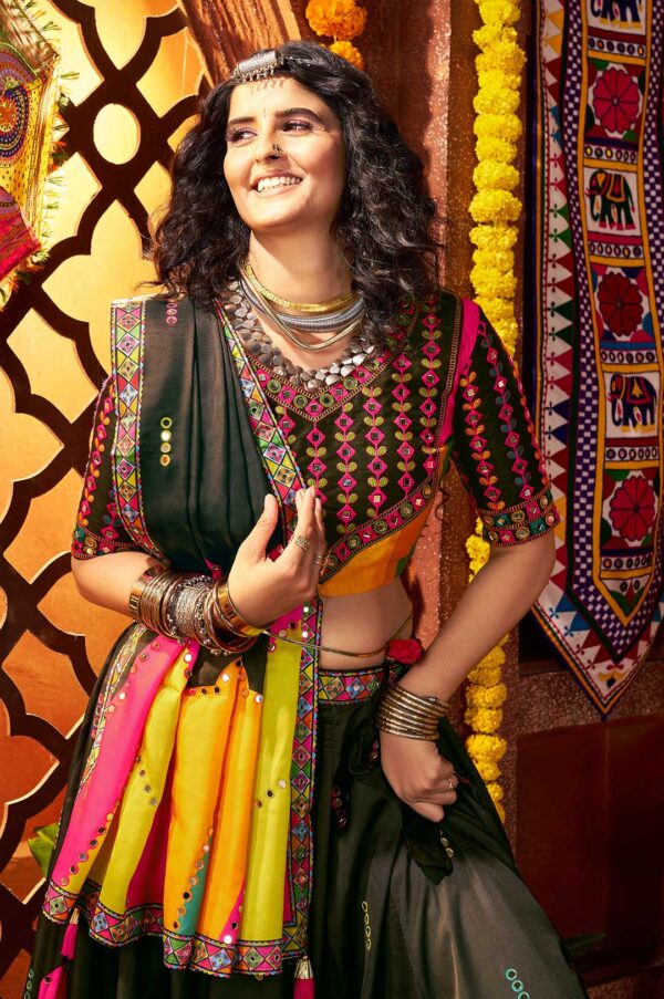 Elegant Black Gajji Silk Traditional Viscose Cotton Kutchi & Mirror Work Lehenga Choli