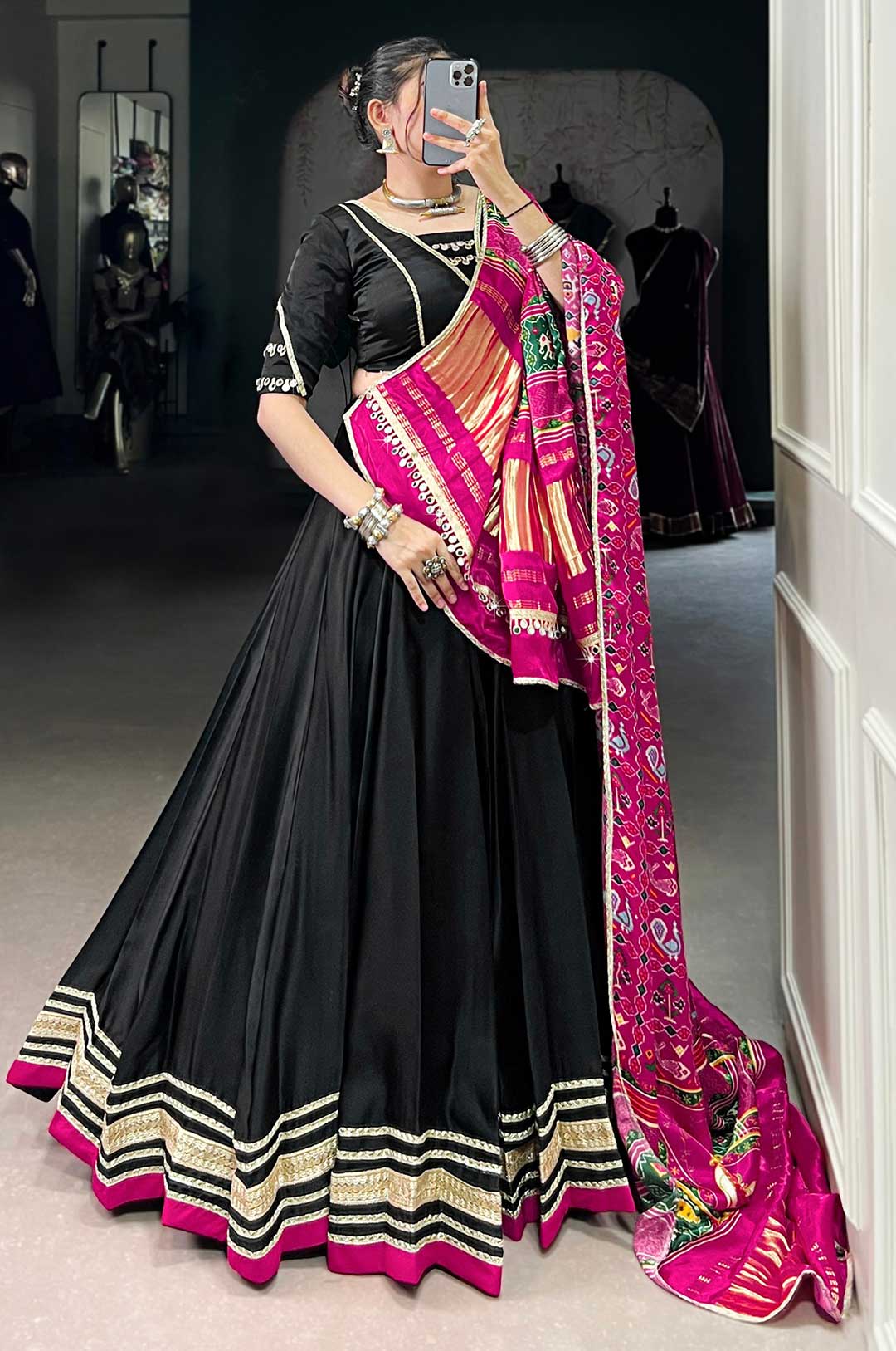 Elegant Black Silk Georgette Lehenga with Vibrant Gaji Silk Dupatta