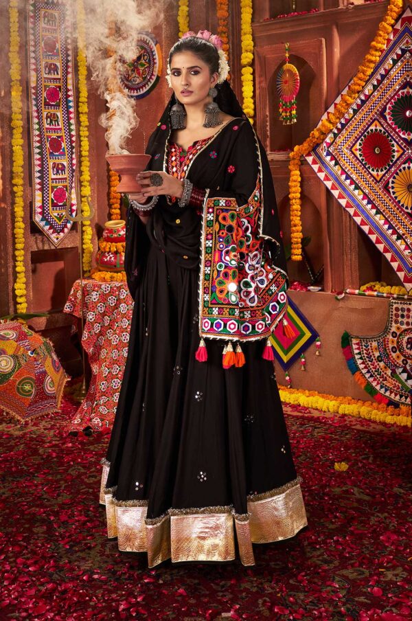 Elegant Black Viscose Cotton Kutchi & Mirror Work Lehenga Choli