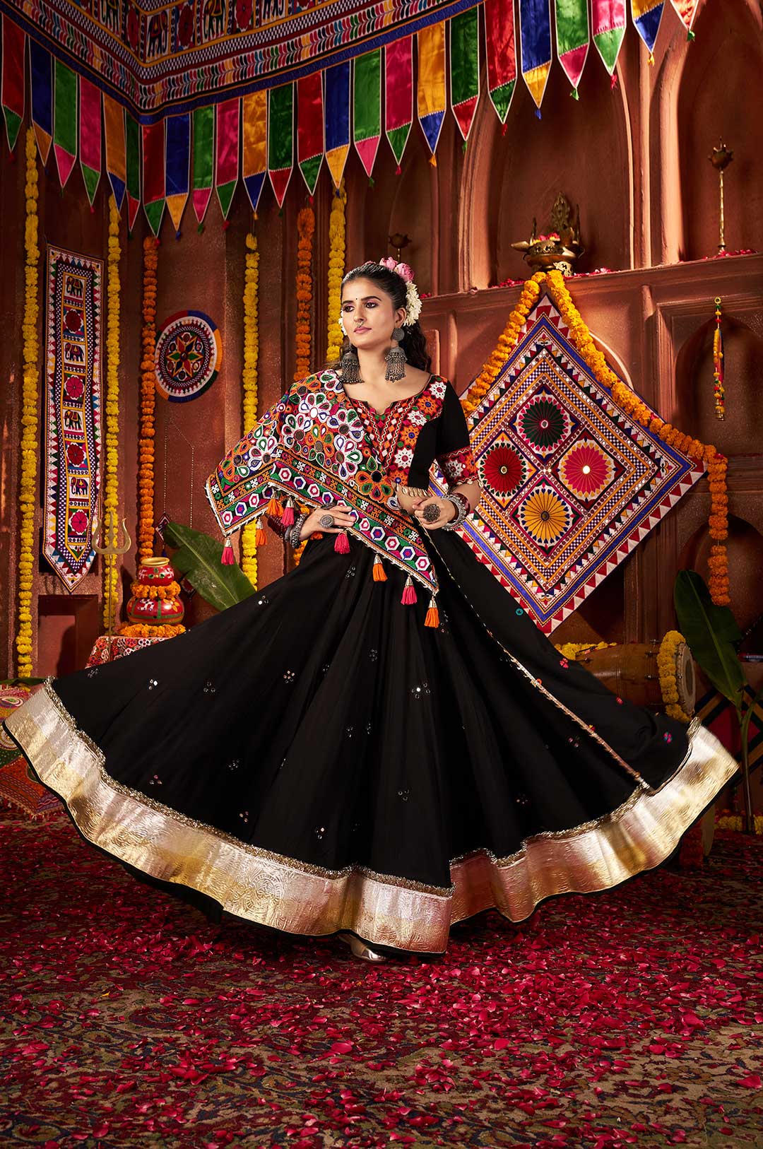 Elegant Black Viscose Cotton Kutchi & Mirror Work Lehenga Choli
