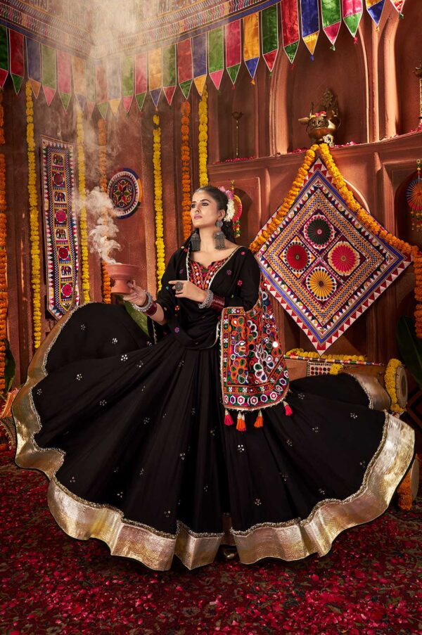 Elegant Black Viscose Cotton Kutchi & Mirror Work Lehenga Choli