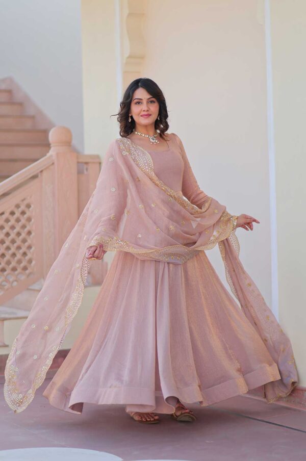 Elegant Chiku Fendy Chiffon Gown Set – 12 Kali Stitch with Embroidered Dupatta