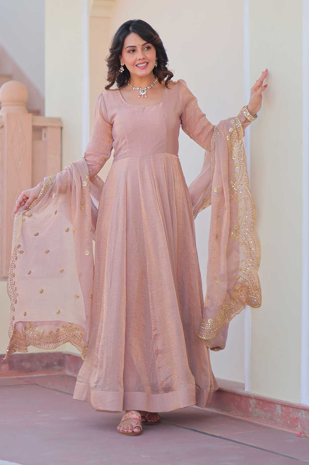 Elegant Chiku Fendy Chiffon Gown Set – 12 Kali Stitch with Embroidered Dupatta