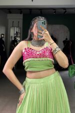 Elegant-Green-&amp;-Pink-Pure-Rayon-Mirror-Work-Lehenga