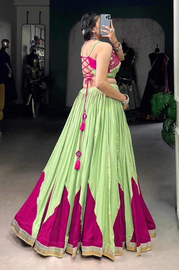 Elegant Green & Pink Pure Rayon Mirror Work Lehenga