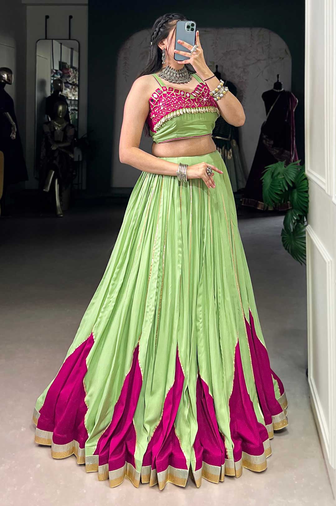 Elegant Green & Pink Pure Rayon Mirror Work Lehenga