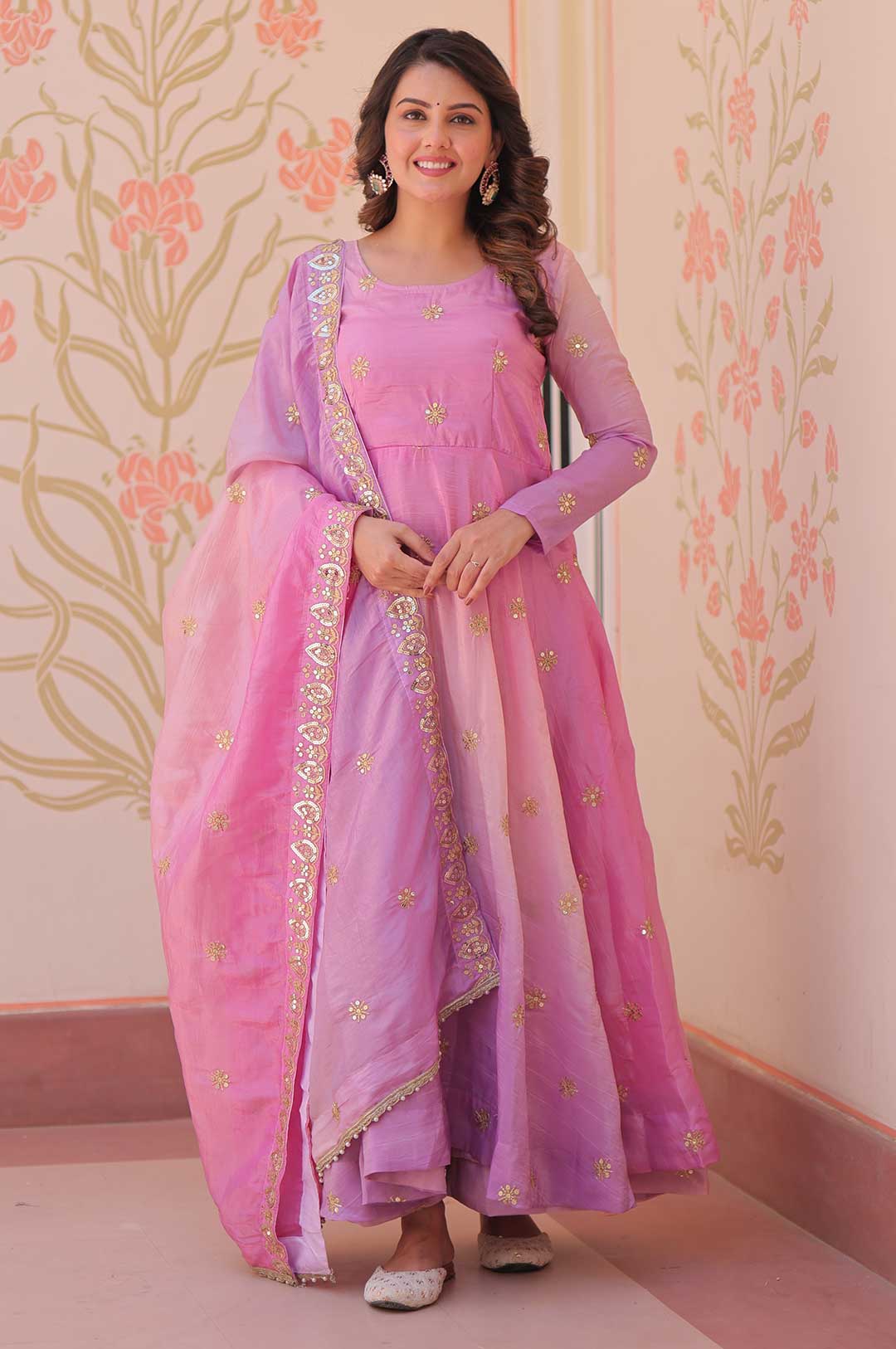Elegant Pedding Gold Organza Gown Set – Pink with Multi-Sequins Embroidery