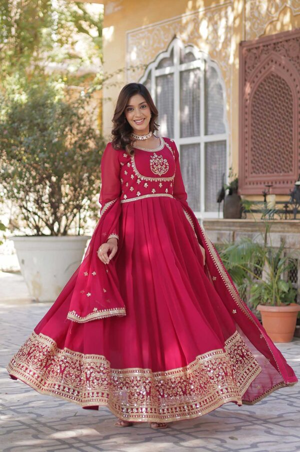Elegant Pink Faux Georgette Gown with Sequins Embroidery