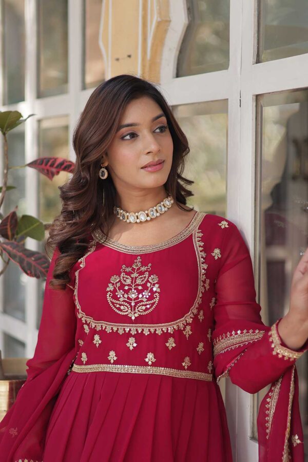 Elegant Pink Faux Georgette Gown with Sequins Embroidery