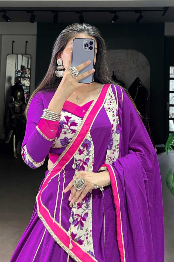 Elegant Purple Floral Pure Rayon Lehenga Set with Mirror & Lace Detailing