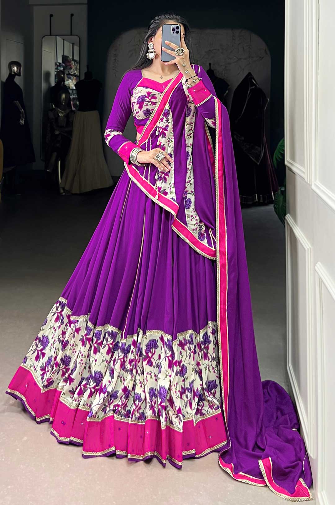 Elegant Purple Floral Pure Rayon Lehenga Set with Mirror & Lace Detailing