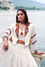 Elegant-White-Pure-Rayon-Lehenga-with-Mirror-Gamthi-Work-Blouse-&-Koti-3