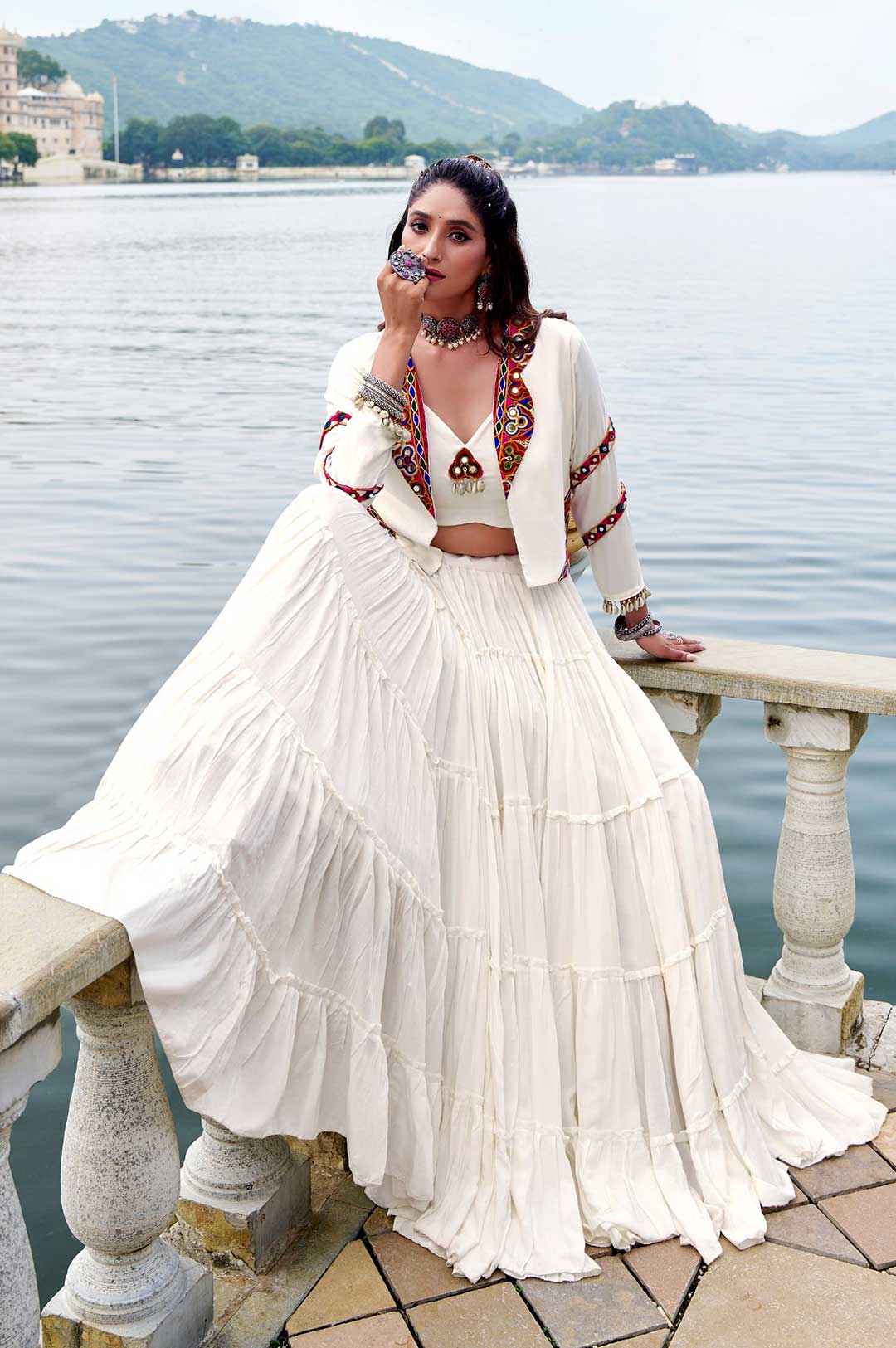 Elegant White Pure Rayon Lehenga with Mirror Gamthi Work Blouse & Koti