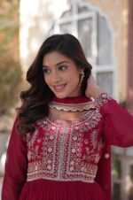 Faux-Blooming-Georgette-Gown-with-Embroidered-Pearl-Work-–-Elegant-Party-Wear