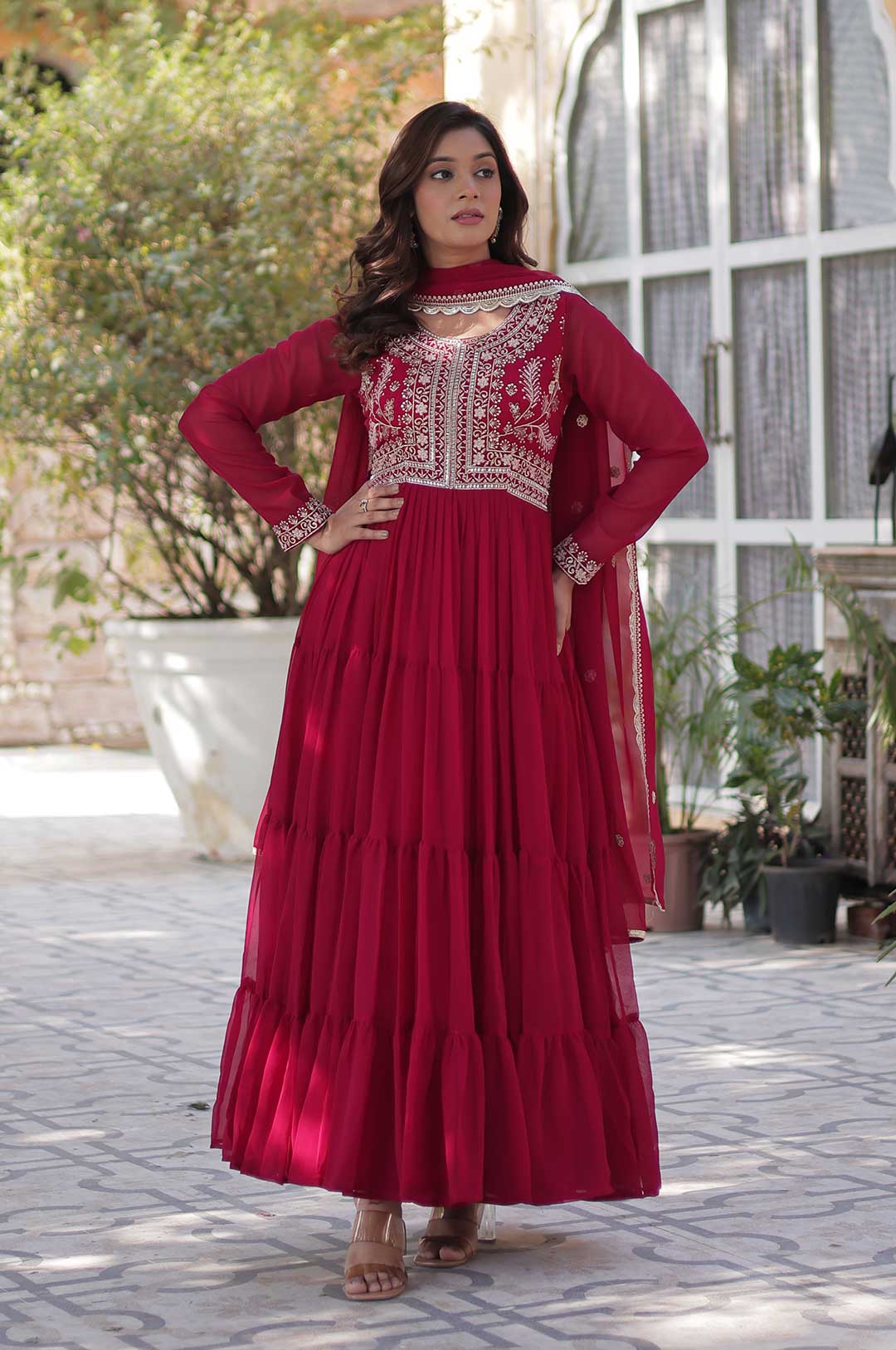 Faux Blooming Georgette Gown with Embroidered Pearl Work – Elegant Party Wear