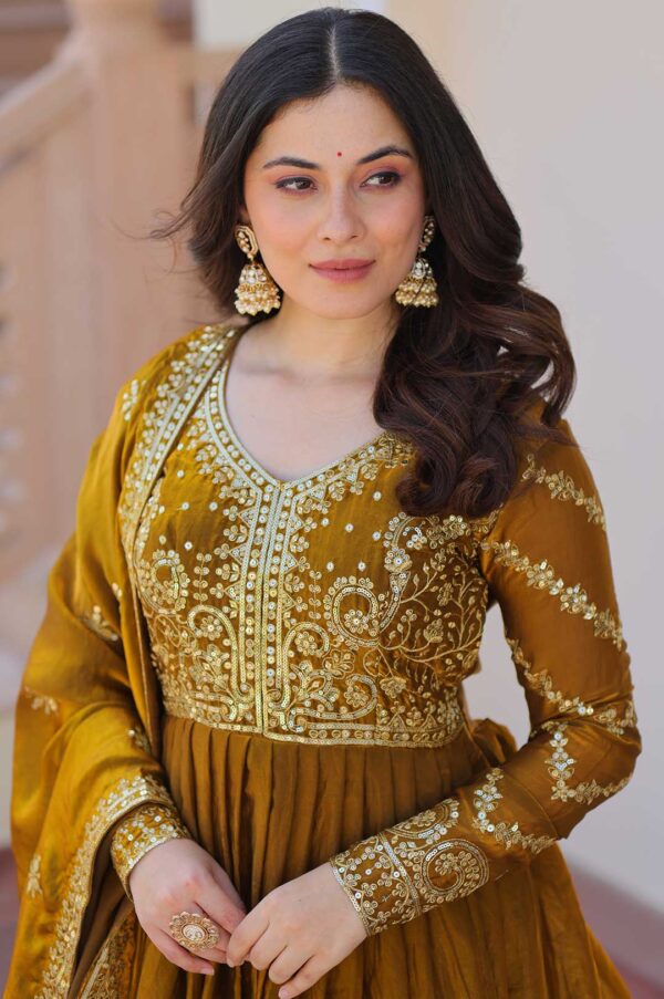 Fendy Mehendi Embroidered Gown With Dupatta – Elegant Partywear Anarkali