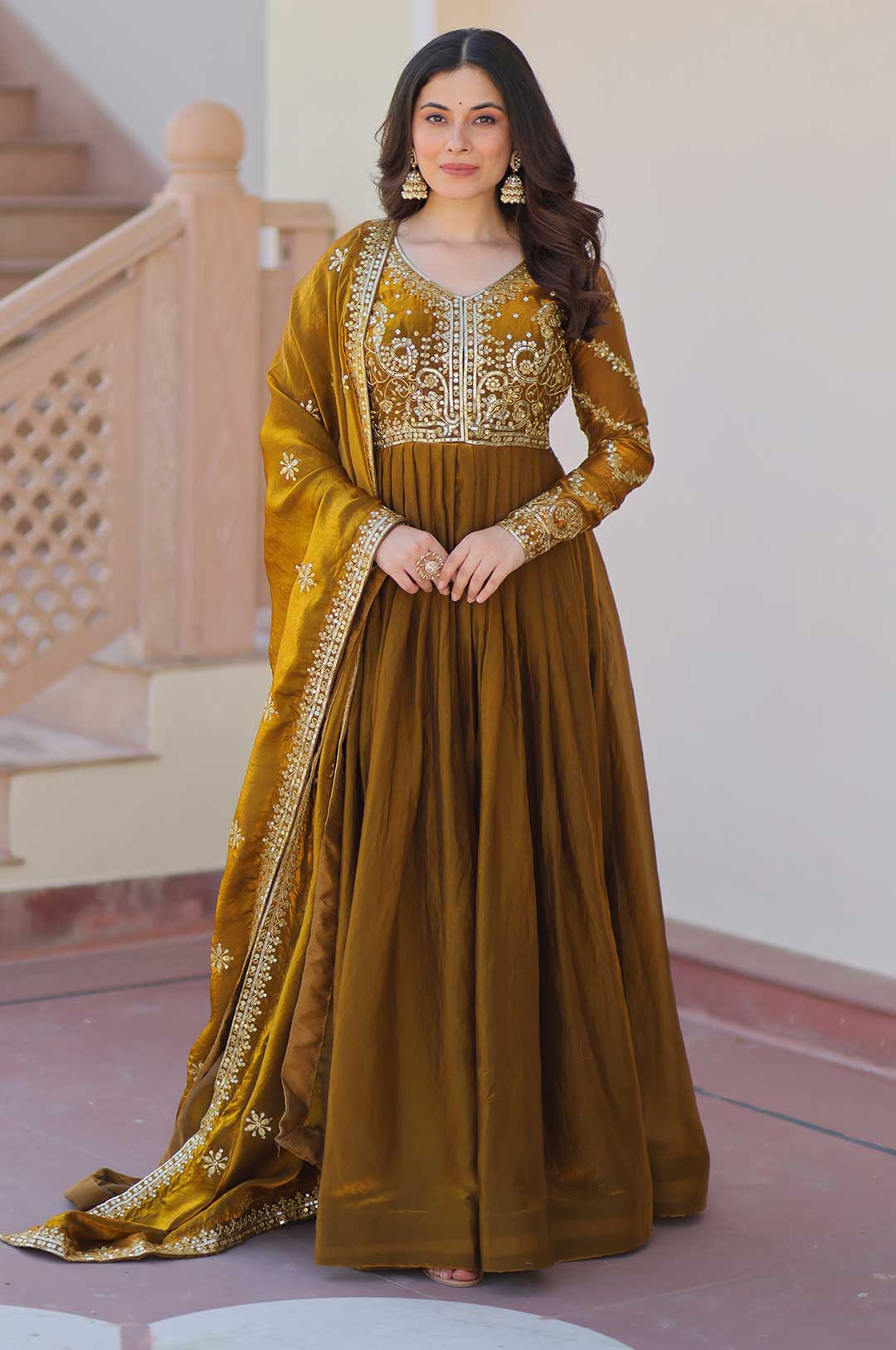 Fendy Mehendi Embroidered Gown With Dupatta – Elegant Partywear Anarkali