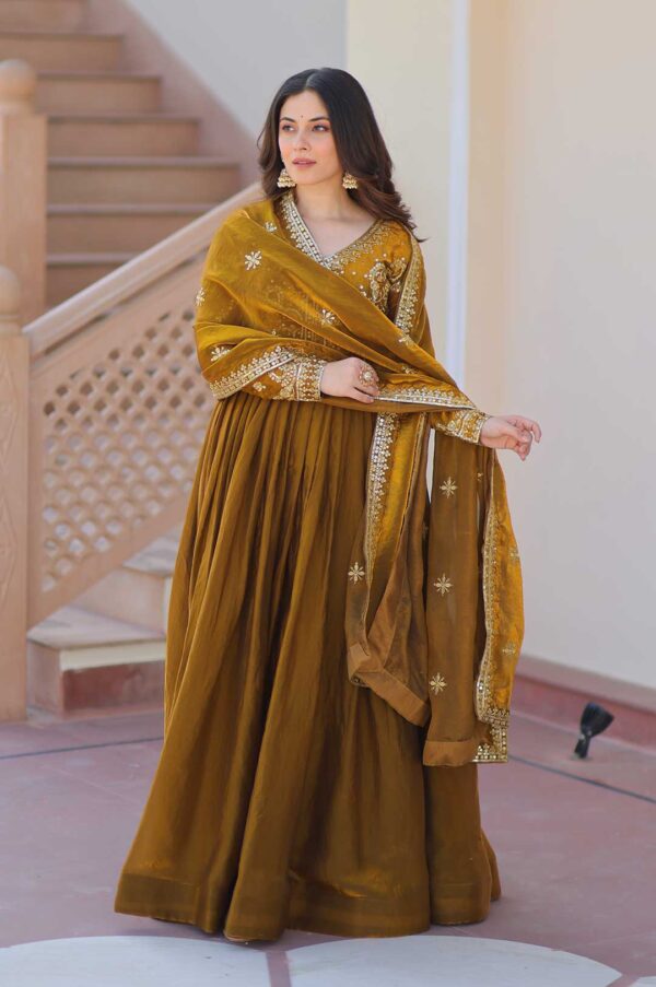 Fendy Mehendi Embroidered Gown With Dupatta – Elegant Partywear Anarkali